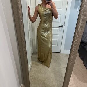 Christina Wu, gold, size 10 long sequins dress.